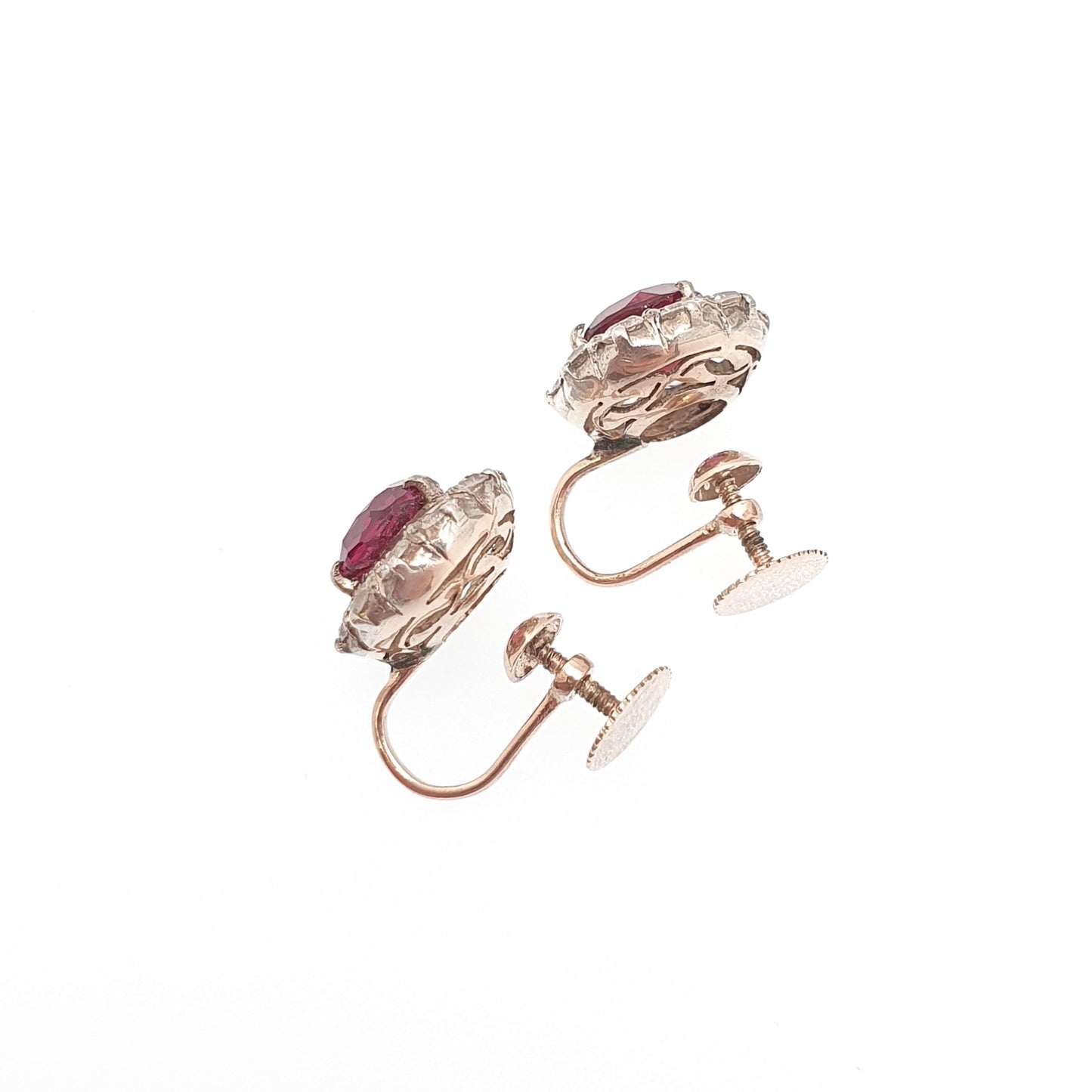 Antique 9ct Garnet & White Sapphire Earrings Victorian Solid Silver 9k 9kt Genuine Gemstone Cluster Screw Back Vintage Jewelry Jewellery