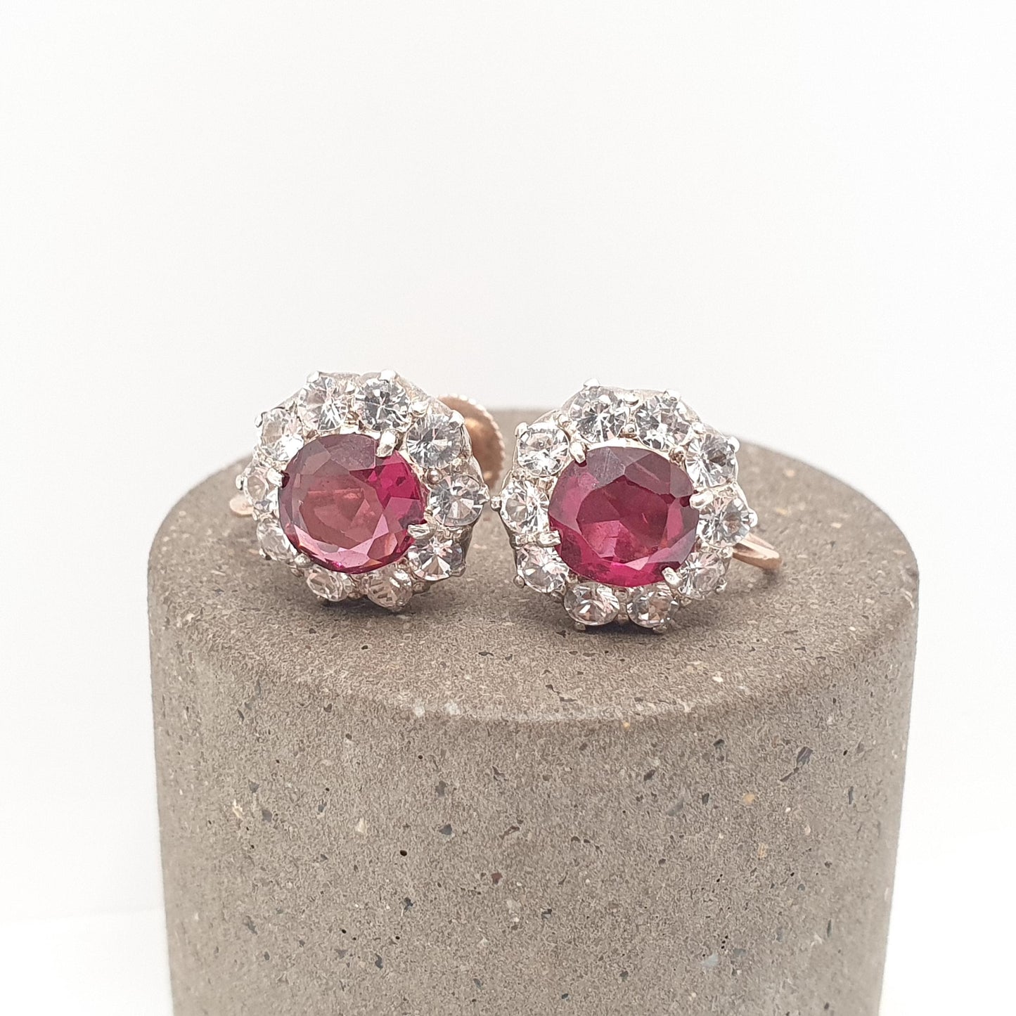 Antique 9ct Garnet & White Sapphire Earrings Victorian Solid Silver 9k 9kt Genuine Gemstone Cluster Screw Back Vintage Jewelry Jewellery