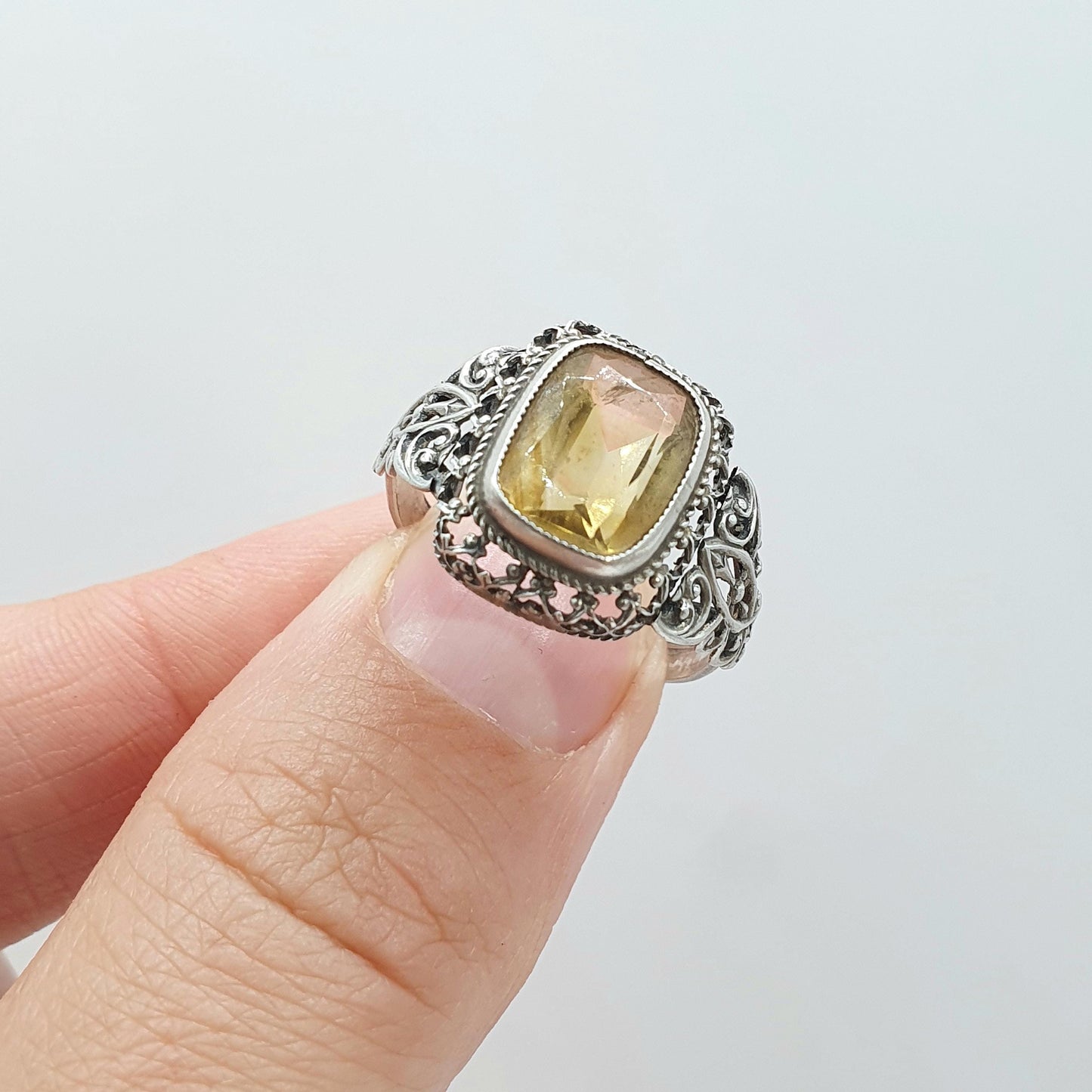 Antique Victorian Solid Silver Citrine Ring Art Nouveau Natural Gemstone Vintage Women Jewellery Jewelry UK S US 9