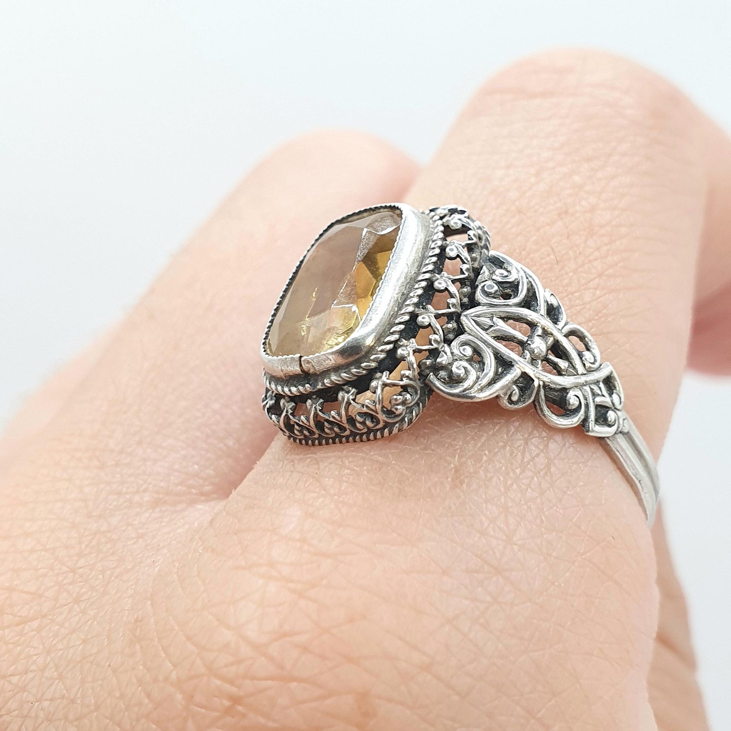 Antique Victorian Solid Silver Citrine Ring Art Nouveau Natural Gemstone Vintage Women Jewellery Jewelry UK S US 9