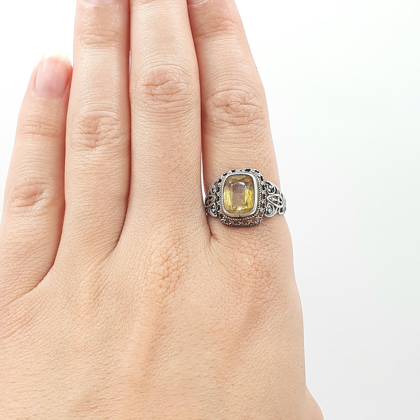 Antique Victorian Solid Silver Citrine Ring Art Nouveau Natural Gemstone Vintage Women Jewellery Jewelry UK S US 9