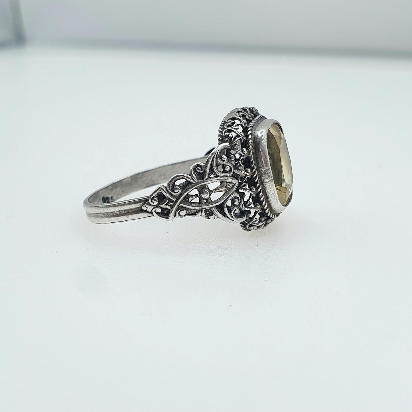 Antique Victorian Solid Silver Citrine Ring Art Nouveau Natural Gemstone Vintage Women Jewellery Jewelry UK S US 9