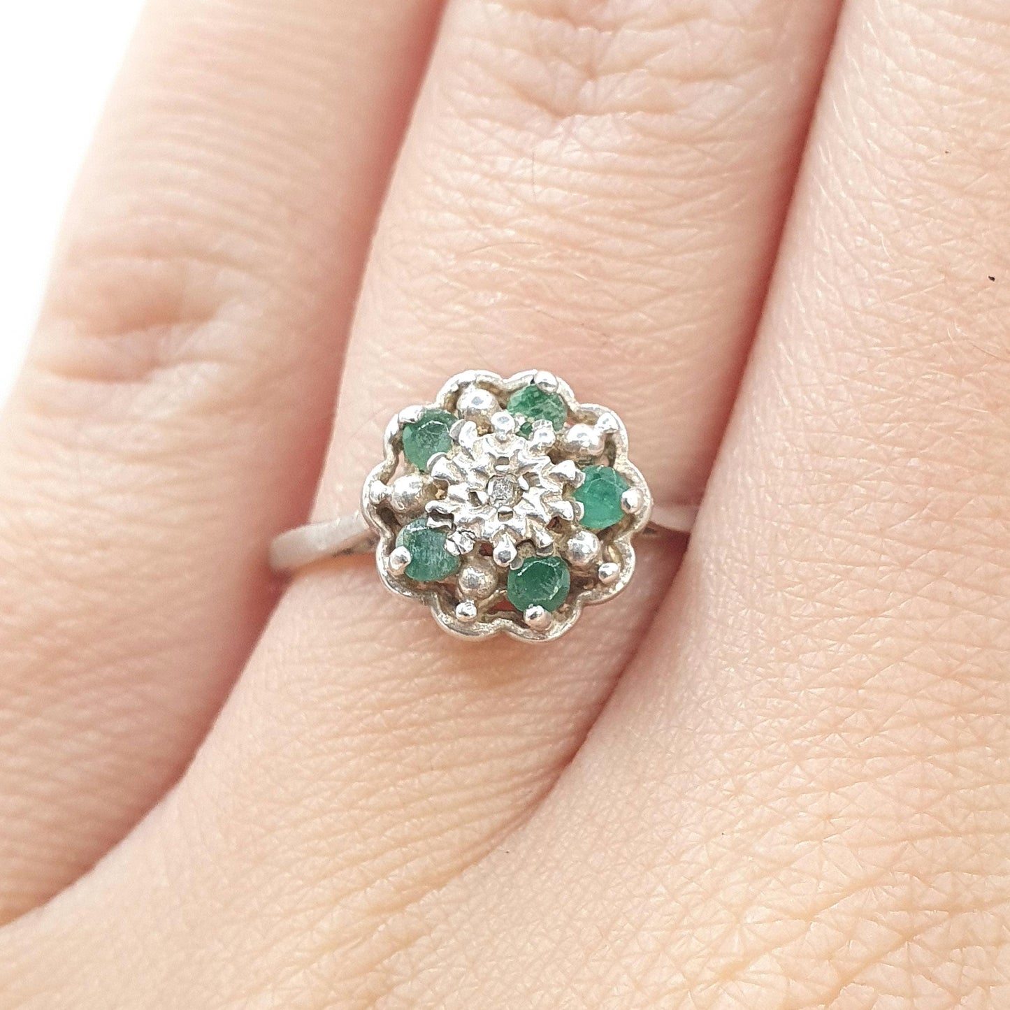 Vintage Sterling Silver Emerald & Diamond Ring Cluster Halo Genuine Gemstones Ladies Womens Jewelry Jewellery UK M US 6.25