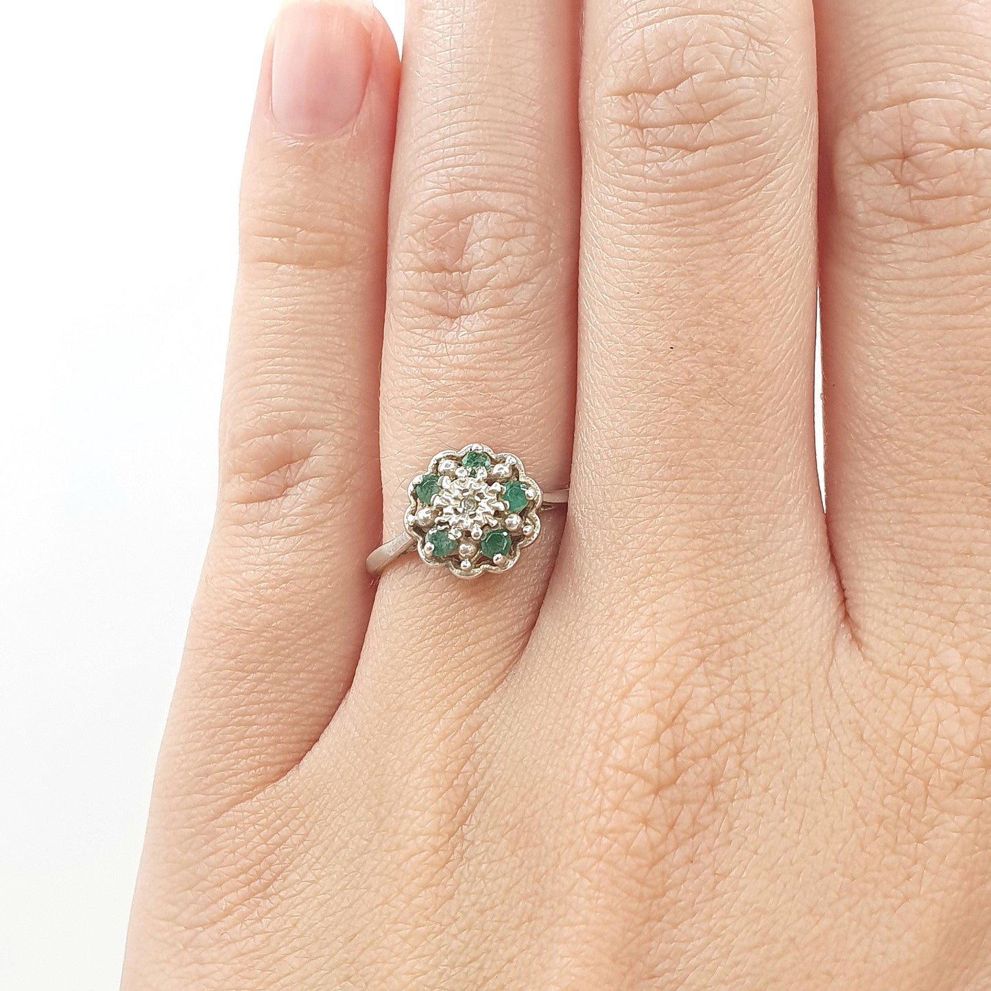 Vintage Sterling Silver Emerald & Diamond Ring Cluster Halo Genuine Gemstones Ladies Womens Jewelry Jewellery UK M US 6.25