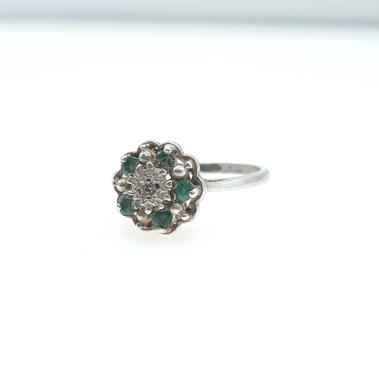 Vintage Sterling Silver Emerald & Diamond Ring Cluster Halo Genuine Gemstones Ladies Womens Jewelry Jewellery UK M US 6.25