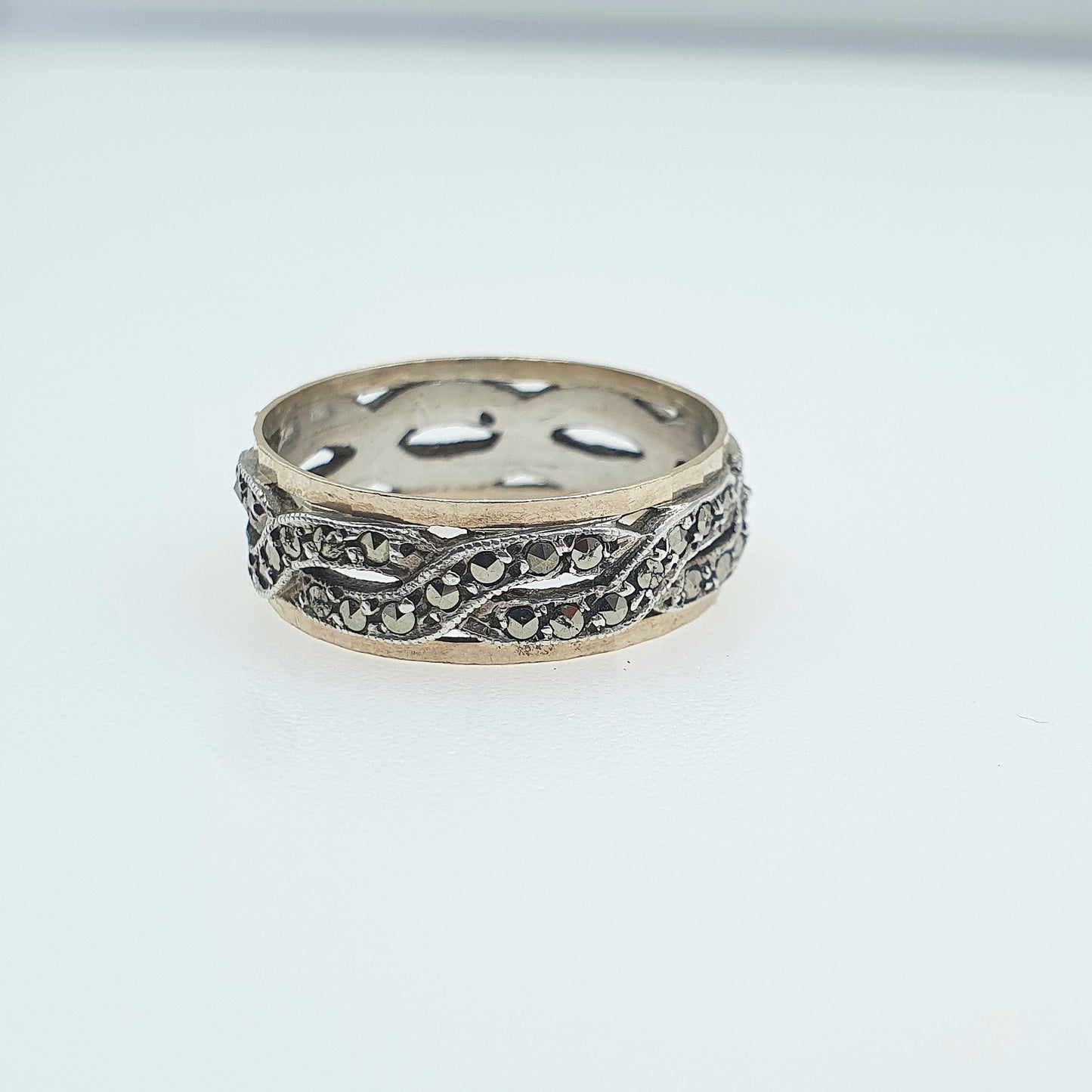 Antique 9ct Gold & Solid Silver Marcasite Eternity Ring Woven Rope Pattern Gift Love Womens Mens Jewellery Jewelry UK O.5  US 7.25
