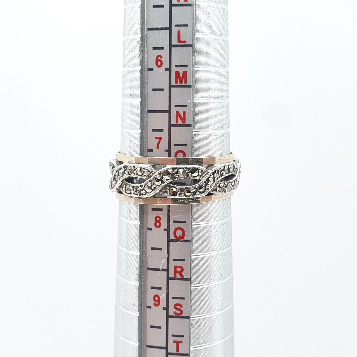 Antique 9ct Gold & Solid Silver Marcasite Eternity Ring Woven Rope Pattern Gift Love Womens Mens Jewellery Jewelry UK O.5  US 7.25
