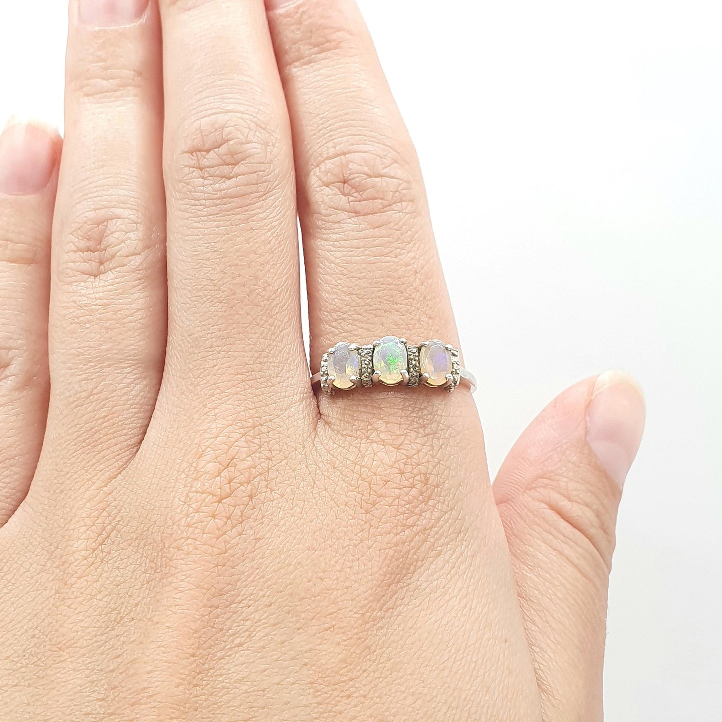 Vintage Sterling Silver Opal Ring Trilogy White Opals Triple Fire Womens Genuine Jewellery Jewelry UK U US 10