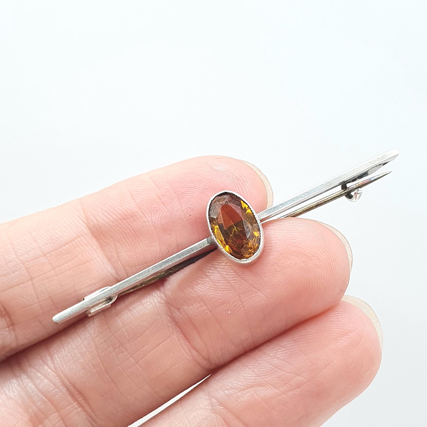 Antique CHARLES HORNER Sterling Silver Natural Citrine Brooch Bar Pin Quartz Oval Cut Vintage Jewellery Gemstone