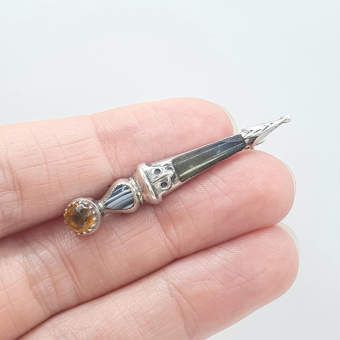 Antique Sterling Silver Scottish Dirk Pin Agate Citrine Paste 1901 Hallmark Scotland Womens Mens Vintage Jewelry Jewellery