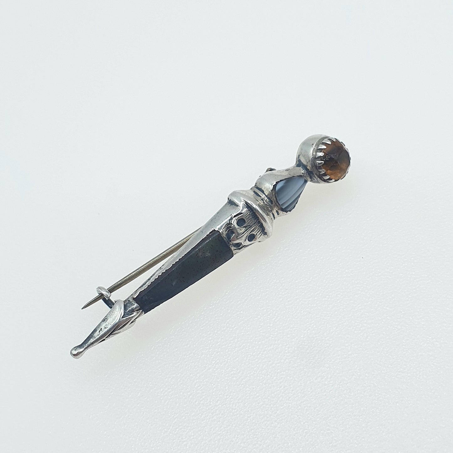 Antique Sterling Silver Scottish Dirk Pin Agate Citrine Paste 1901 Hallmark Scotland Womens Mens Vintage Jewelry Jewellery