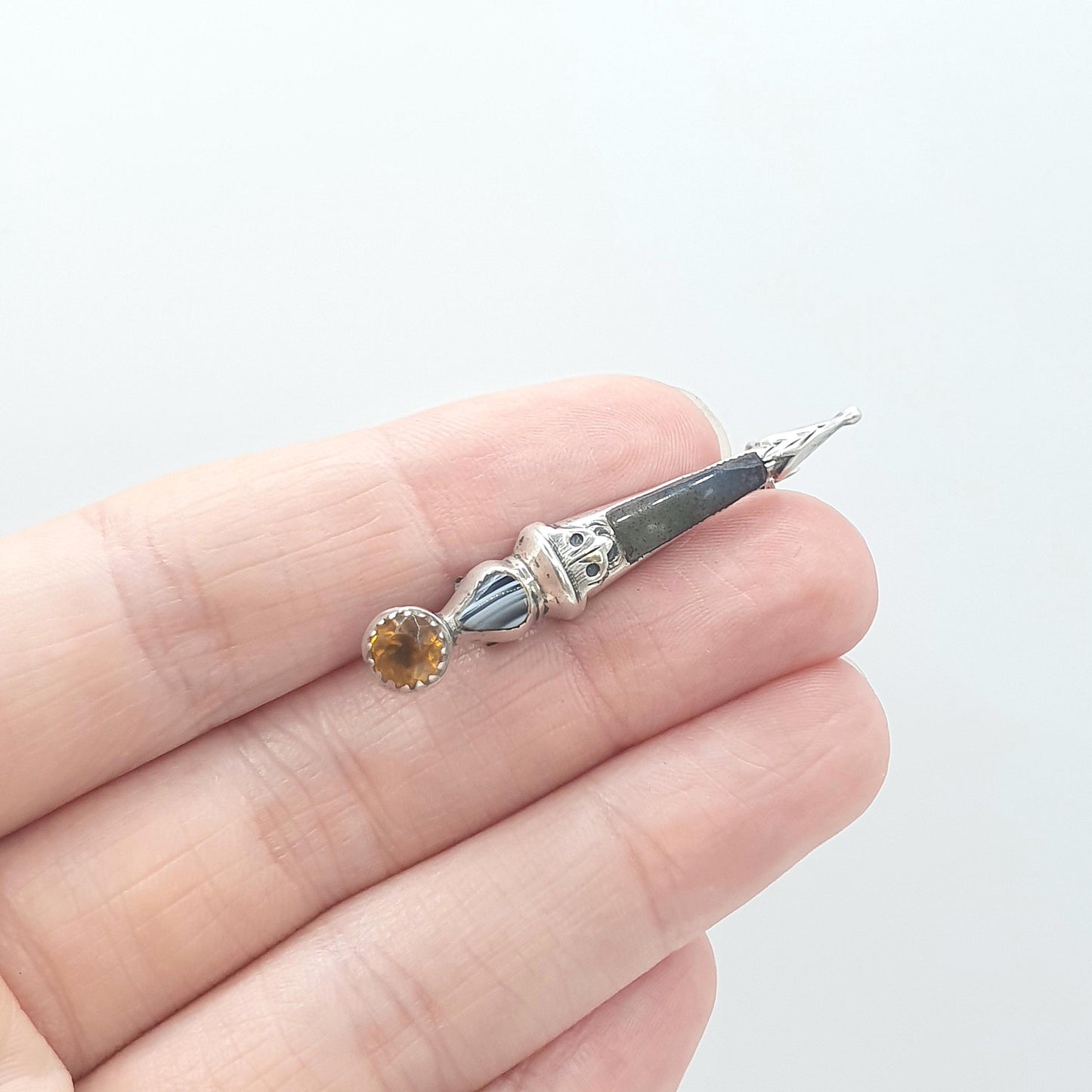 Antique Sterling Silver Scottish Dirk Pin Agate Citrine Paste 1901 Hallmark Scotland Womens Mens Vintage Jewelry Jewellery