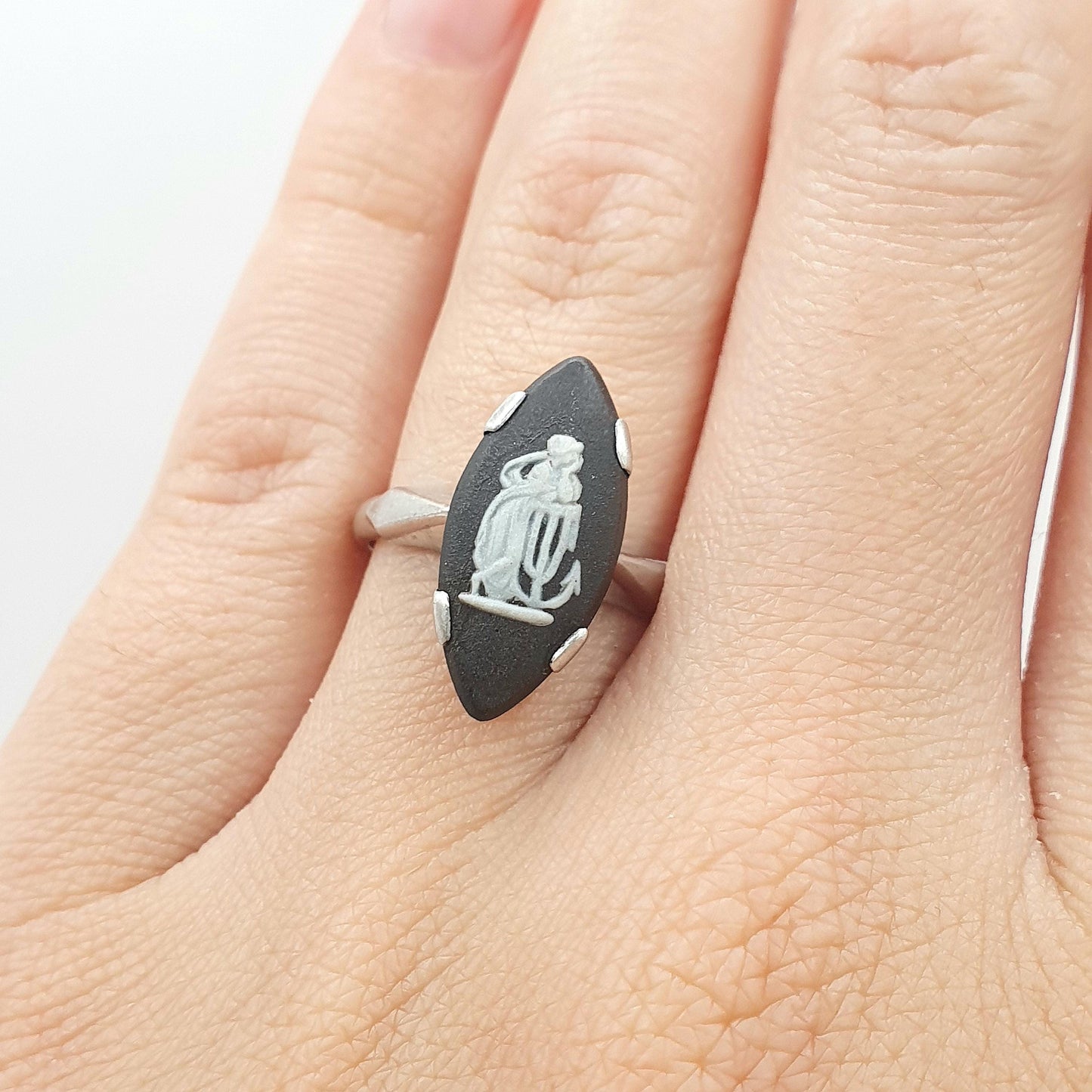 Vintage Sterling Silver Black Wedgwood Ring Jasperware Signet Women Solid 925 Retro Jewellery Jewelry UK L US 5.75
