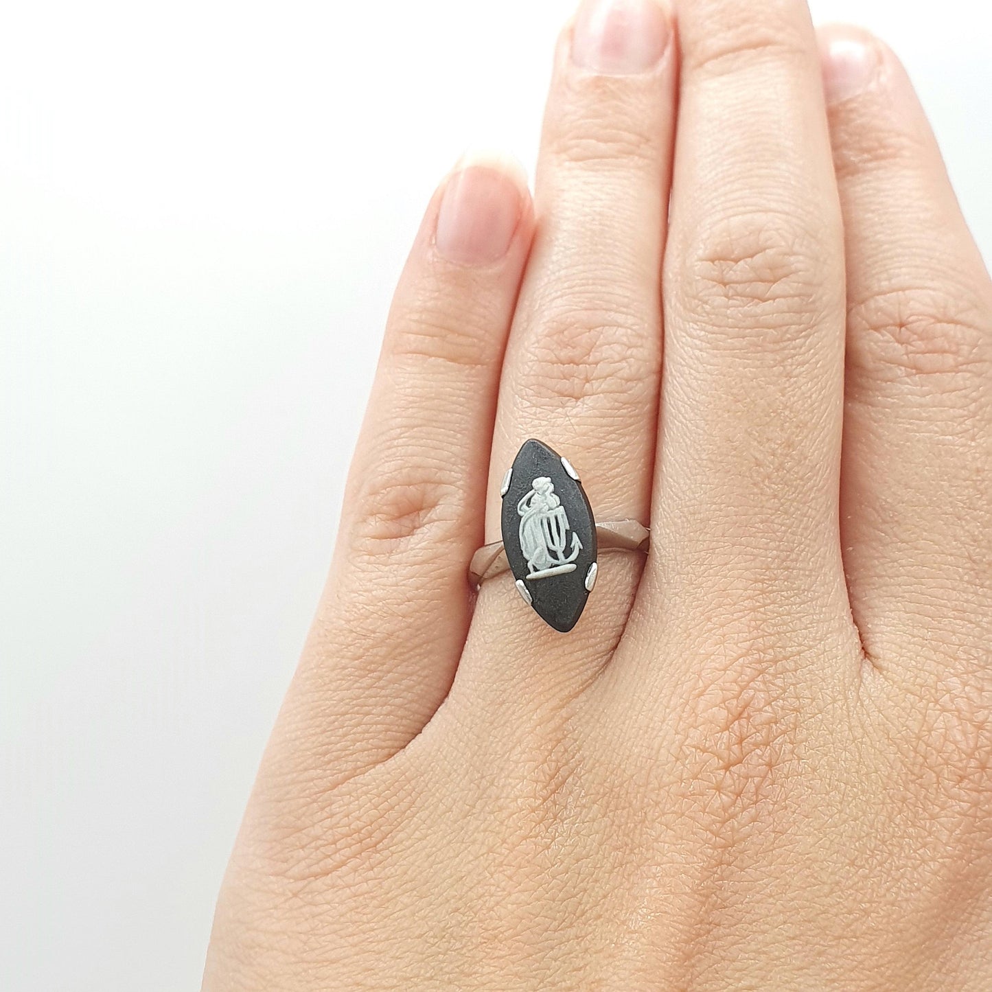 Vintage Sterling Silver Black Wedgwood Ring Jasperware Signet Women Solid 925 Retro Jewellery Jewelry UK L US 5.75