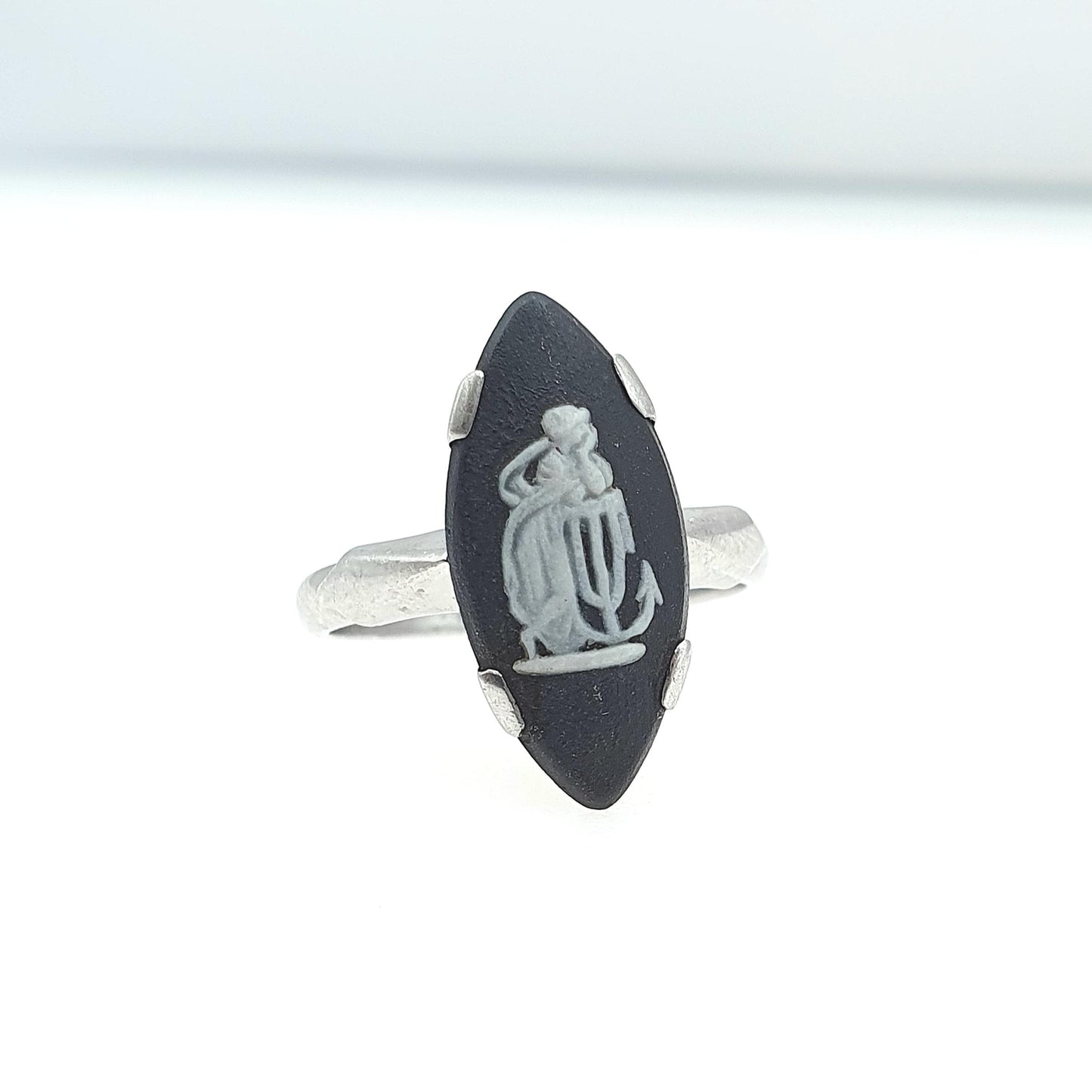 Vintage Sterling Silver Black Wedgwood Ring Jasperware Signet Women Solid 925 Retro Jewellery Jewelry UK L US 5.75