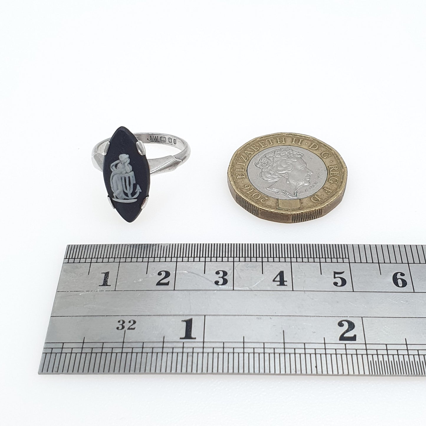 Vintage Sterling Silver Black Wedgwood Ring Jasperware Signet Women Solid 925 Retro Jewellery Jewelry UK L US 5.75