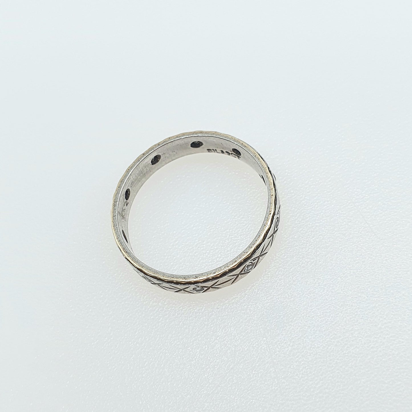 Antique 9ct Gold & Solid Silver White Spinel Eternity Ring X Pattern Vintage Womens Unisex Jewelry Jewellery UK N.5 US 7
