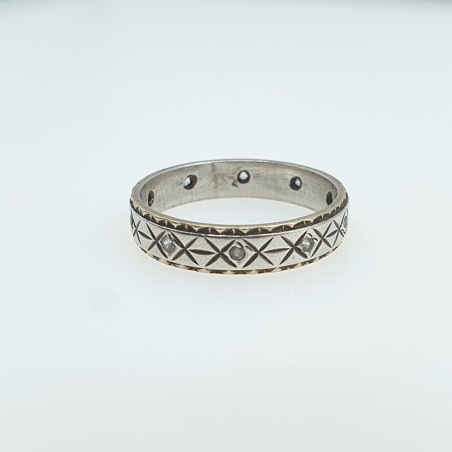 Antique 9ct Gold & Solid Silver White Spinel Eternity Ring X Pattern Vintage Womens Unisex Jewelry Jewellery UK N.5 US 7