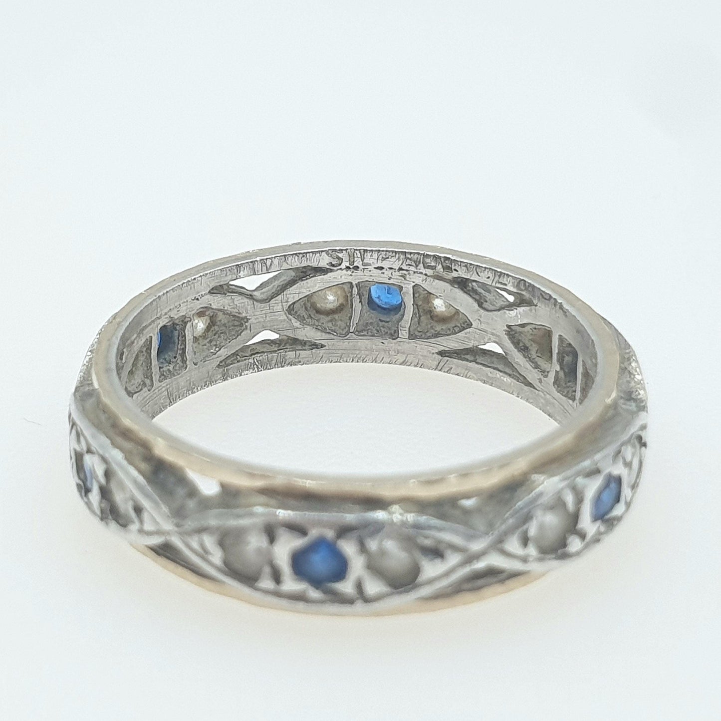 Antique 9ct Gold & Solid Silver Eternity Ring Blue and White Spinel Vintage Womens Art Deco 1920s Jewelry Jewellery UK L.5 US 6