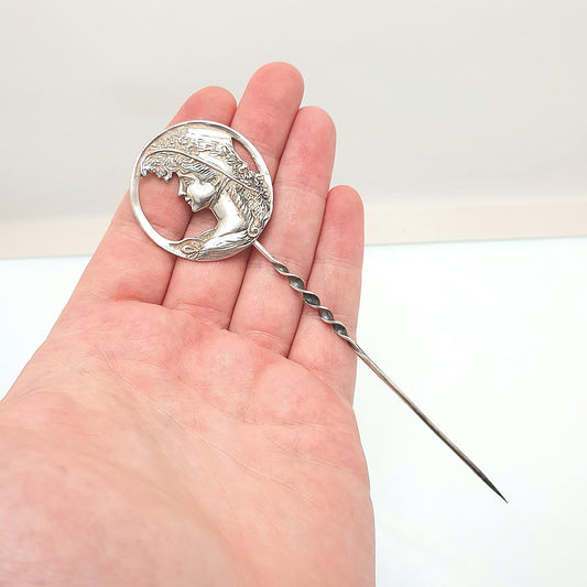 Antique Sterling Silver Hair Pin Gainsborough Lady Art Nouveau Large Big Hat Solid 925 Vintage Jewelry