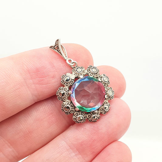 Antique Solid Silver Rainbow Iris Glass Pendant  Art Deco Marcasite Multi Coloured Flower Tutti Frutti Vintage Womens Jewellery Jewelry