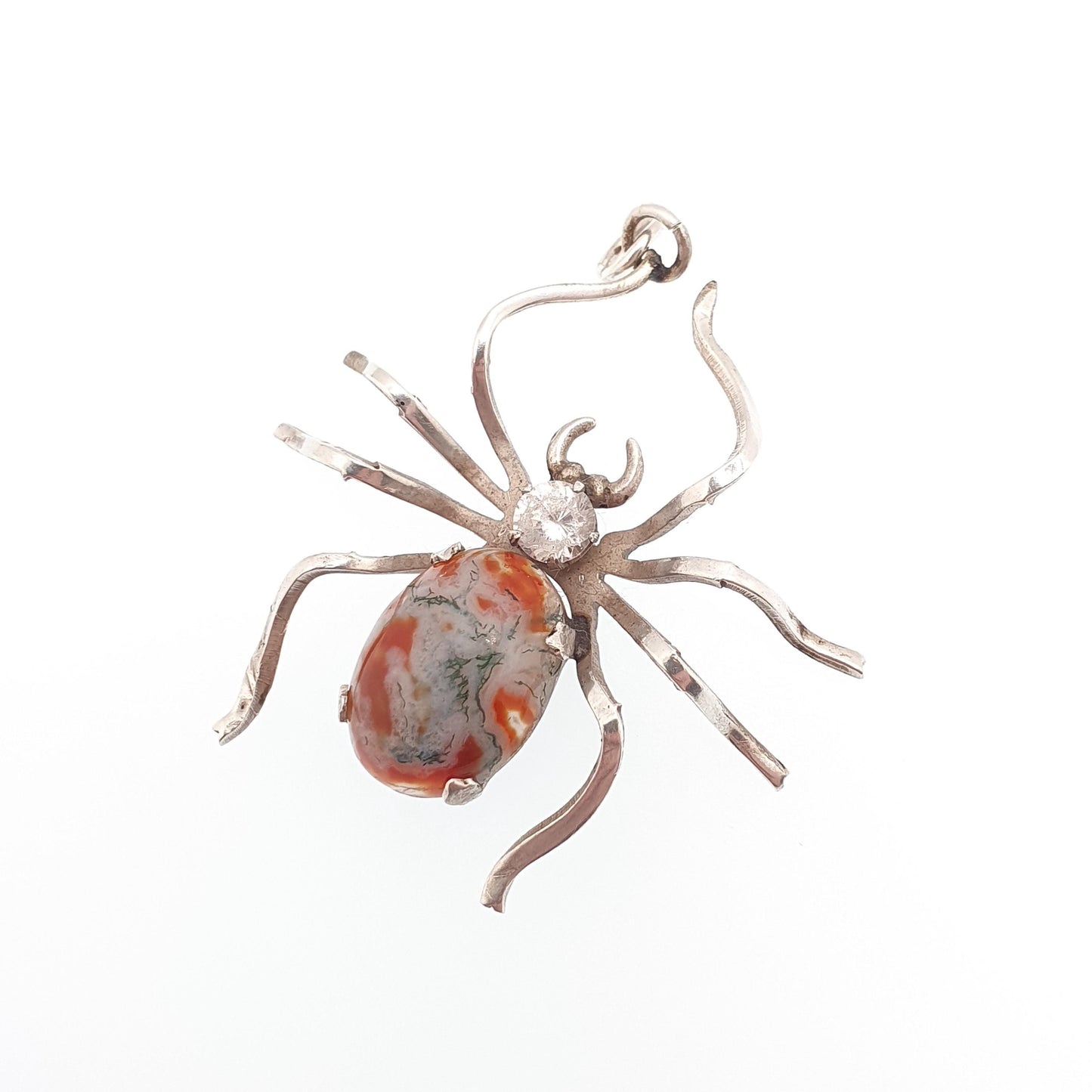 Antique Sterling Silver Spider Pendant Moss Agate Necklace Diamond Paste Large Big Arachnid Vintage Jewelry Jewellery