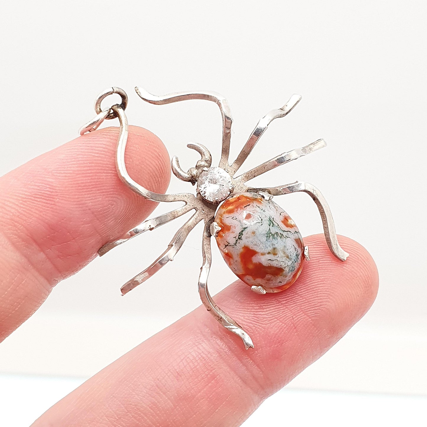 Antique Sterling Silver Spider Pendant Moss Agate Necklace Diamond Paste Large Big Arachnid Vintage Jewelry Jewellery