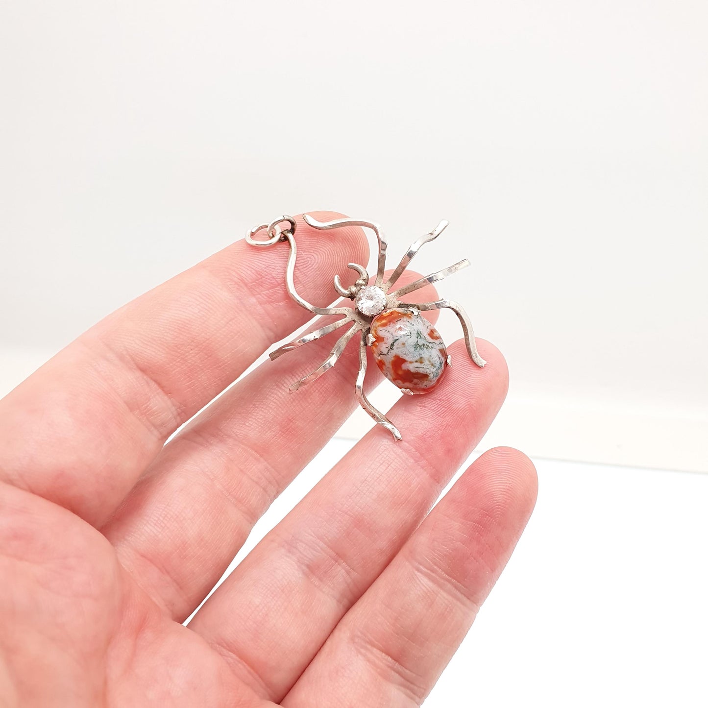 Antique Sterling Silver Spider Pendant Moss Agate Necklace Diamond Paste Large Big Arachnid Vintage Jewelry Jewellery