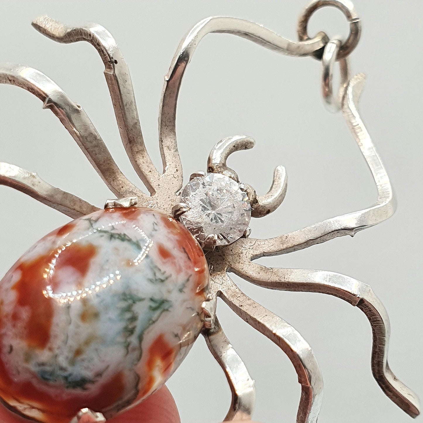 Antique Sterling Silver Spider Pendant Moss Agate Necklace Diamond Paste Large Big Arachnid Vintage Jewelry Jewellery