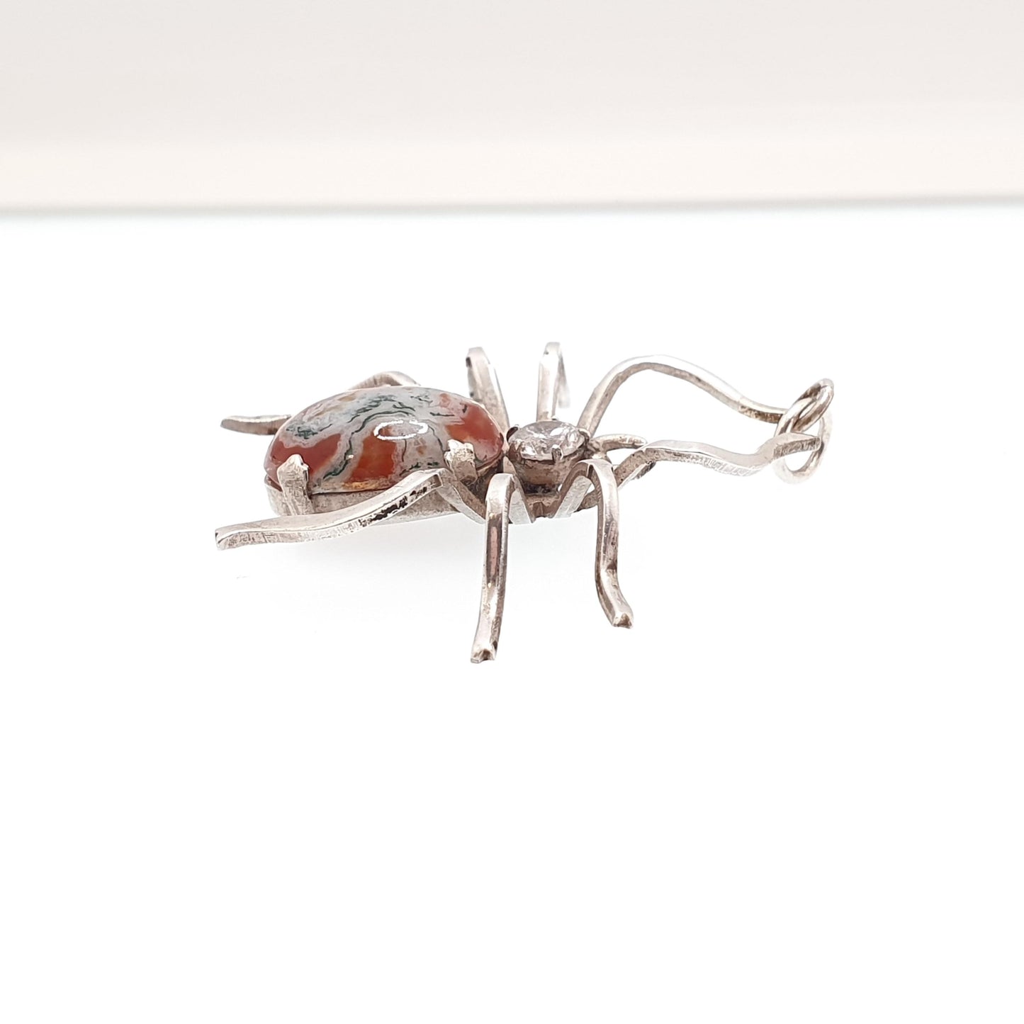 Antique Sterling Silver Spider Pendant Moss Agate Necklace Diamond Paste Large Big Arachnid Vintage Jewelry Jewellery