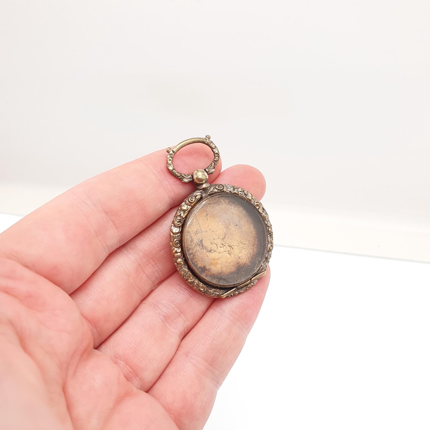Antique Victorian Locket Pendant Necklace Chased Border Gold Gilt Pocket Watch Large Big Vintage Womens Jewelry Jewellery