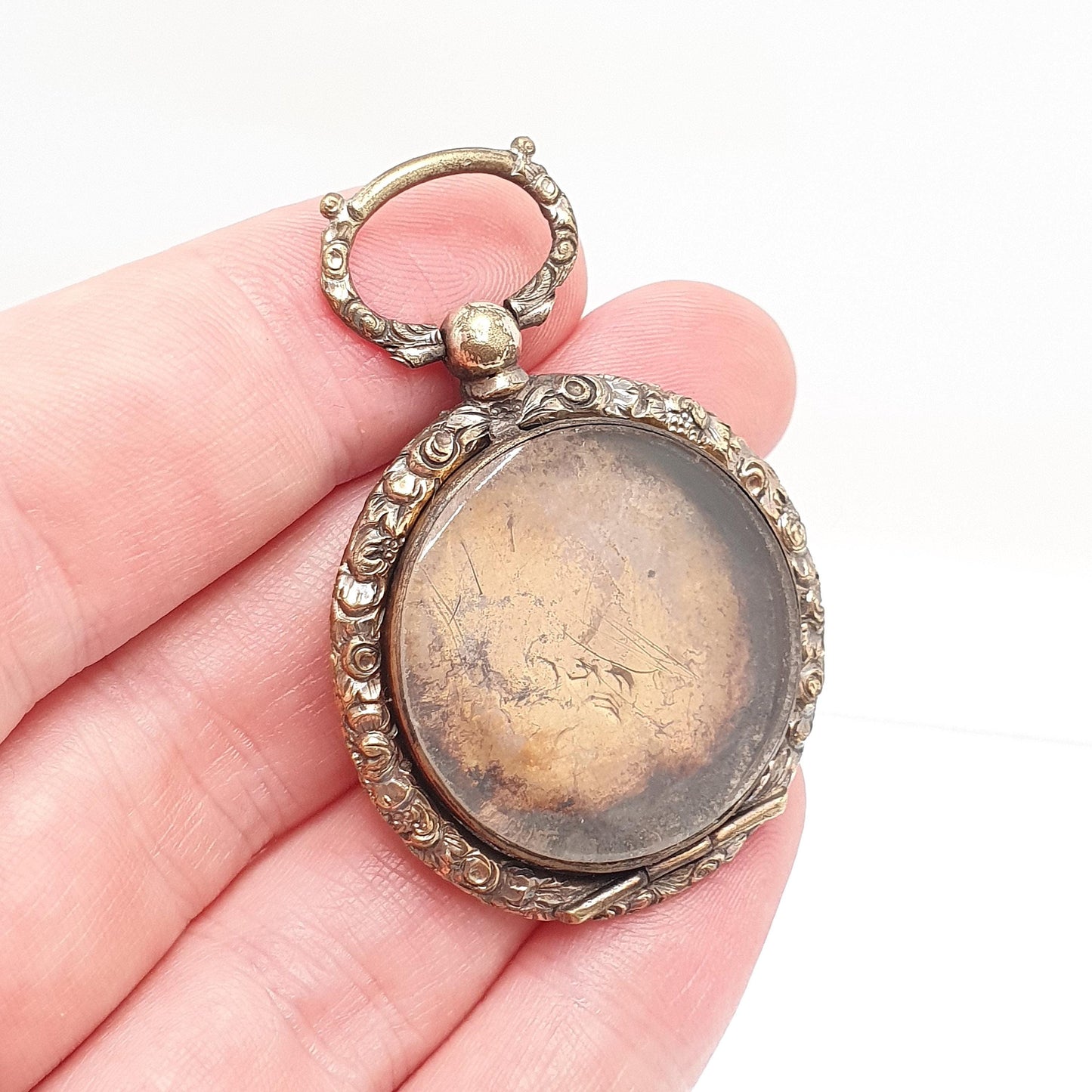 Antique Victorian Locket Pendant Necklace Chased Border Gold Gilt Pocket Watch Large Big Vintage Womens Jewelry Jewellery