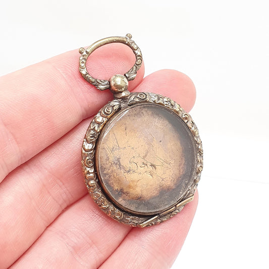 Antique Victorian Locket Pendant Necklace Chased Border Gold Gilt Pocket Watch Large Big Vintage Womens Jewelry Jewellery