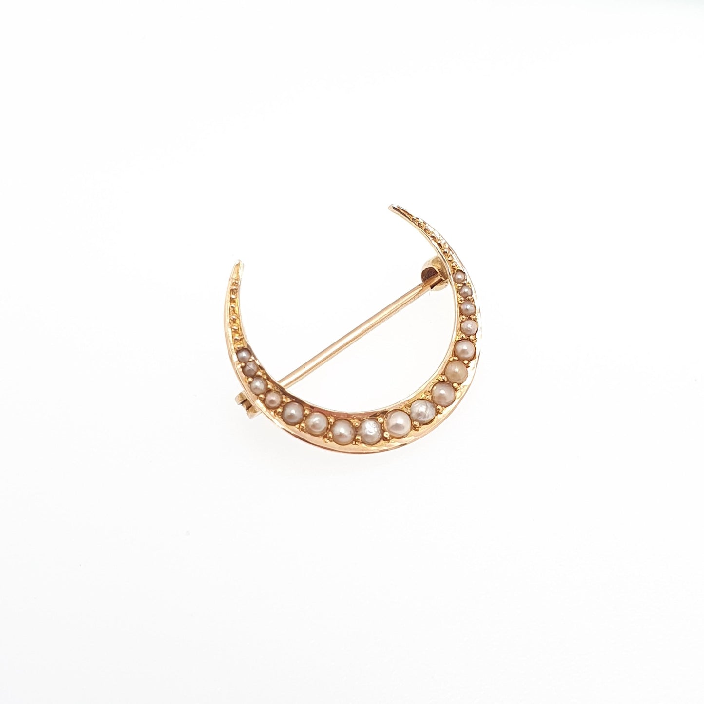 Antique Victorian 15ct Gold Crescent Moon Brooch Seed Pearl Solid 15k 625 Pin Celestial Womens Jewelry Jewellery