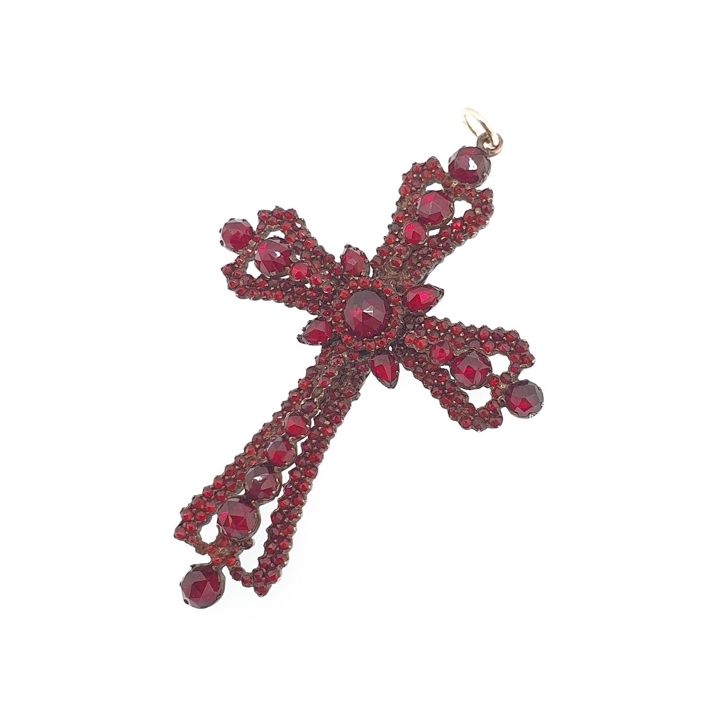 Antique Victorian Bohemian Garnet Crucifix Pendant Cross Necklace Rolled Gold Filled Large Big Renaissance Revival Vintage Jewelry Jewellery
