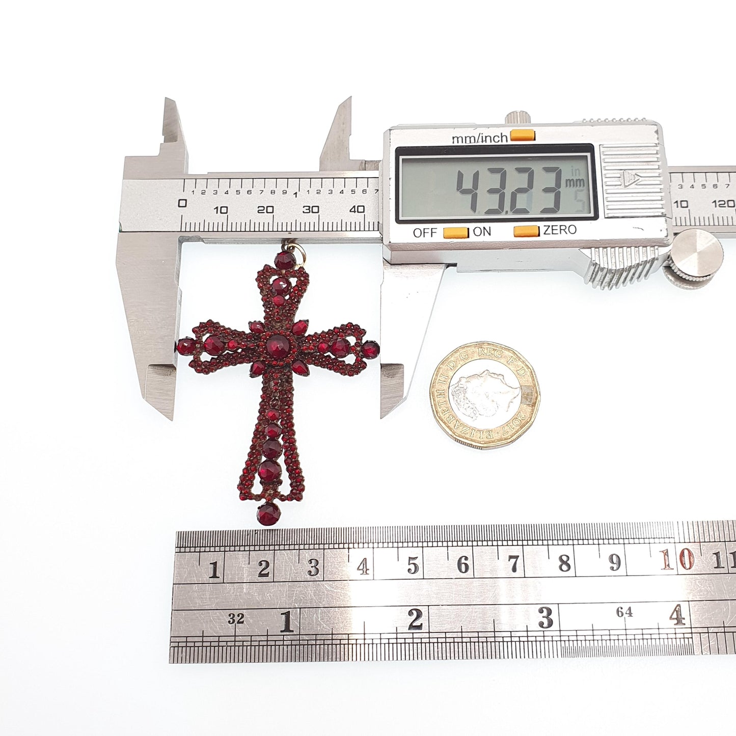 Antique Victorian Bohemian Garnet Crucifix Pendant Cross Necklace Rolled Gold Filled Large Big Renaissance Revival Vintage Jewelry Jewellery
