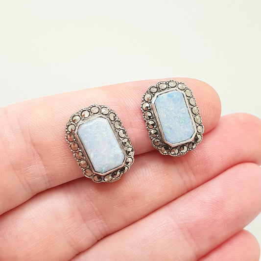 Antique Solid Silver Opal Earrings Art Deco Marcasite Clip On Genuine Gemstone Rectangular Vintage Jewelry Jewellery