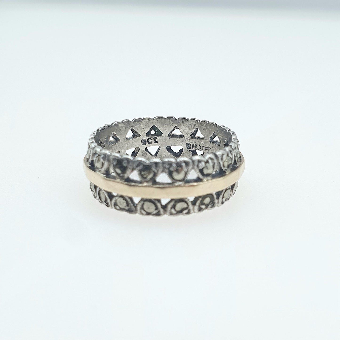 Antique 9ct Gold & Silver Eternity Ring Marcasite Heart Pattern Solid 9k 9kt Art Deco Womens Jewellery Jewelry UK K US 5.25