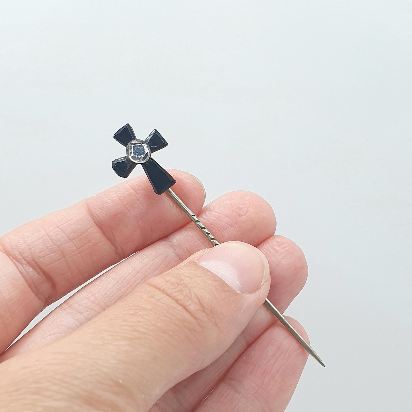 Antique Victorian Vauxhall Glass Crucifix Stick Pin Black and White Cross Base Metal Vintage Jacket Coat Mens Gents Jewelry Jewellery