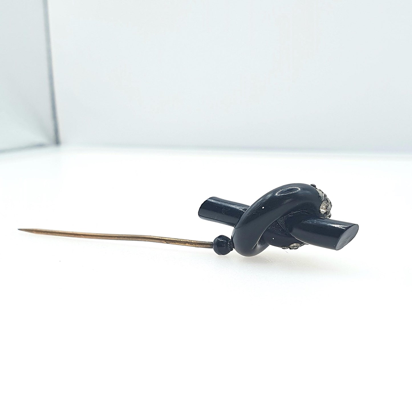 Antique Art Deco Diamond Paste Knot Stick Pin Early Black Plastic Mourning Base Metal Black Jacket Lapel Pin Jewelry Jewellery