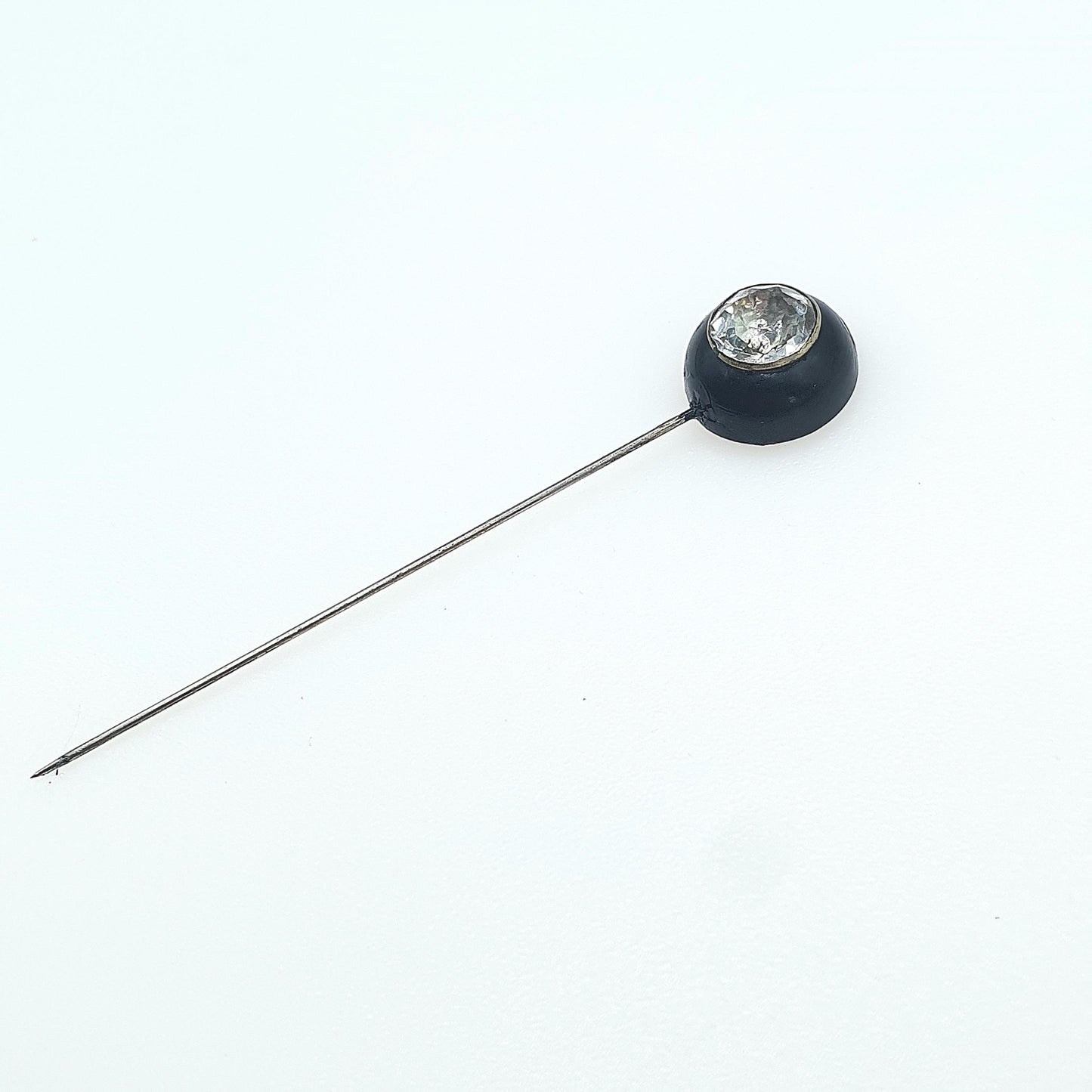 Antique Victorian Whitby Jet Diamond Paste Stick Pin Round Solitaire Foiled Base Metal Lapel Jacket 1800s Black Genuine Jewelry Jewellery