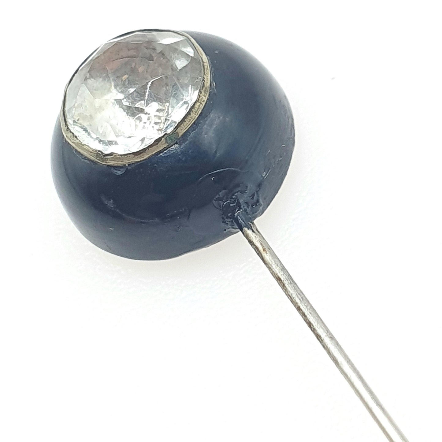 Antique Victorian Whitby Jet Diamond Paste Stick Pin Round Solitaire Foiled Base Metal Lapel Jacket 1800s Black Genuine Jewelry Jewellery