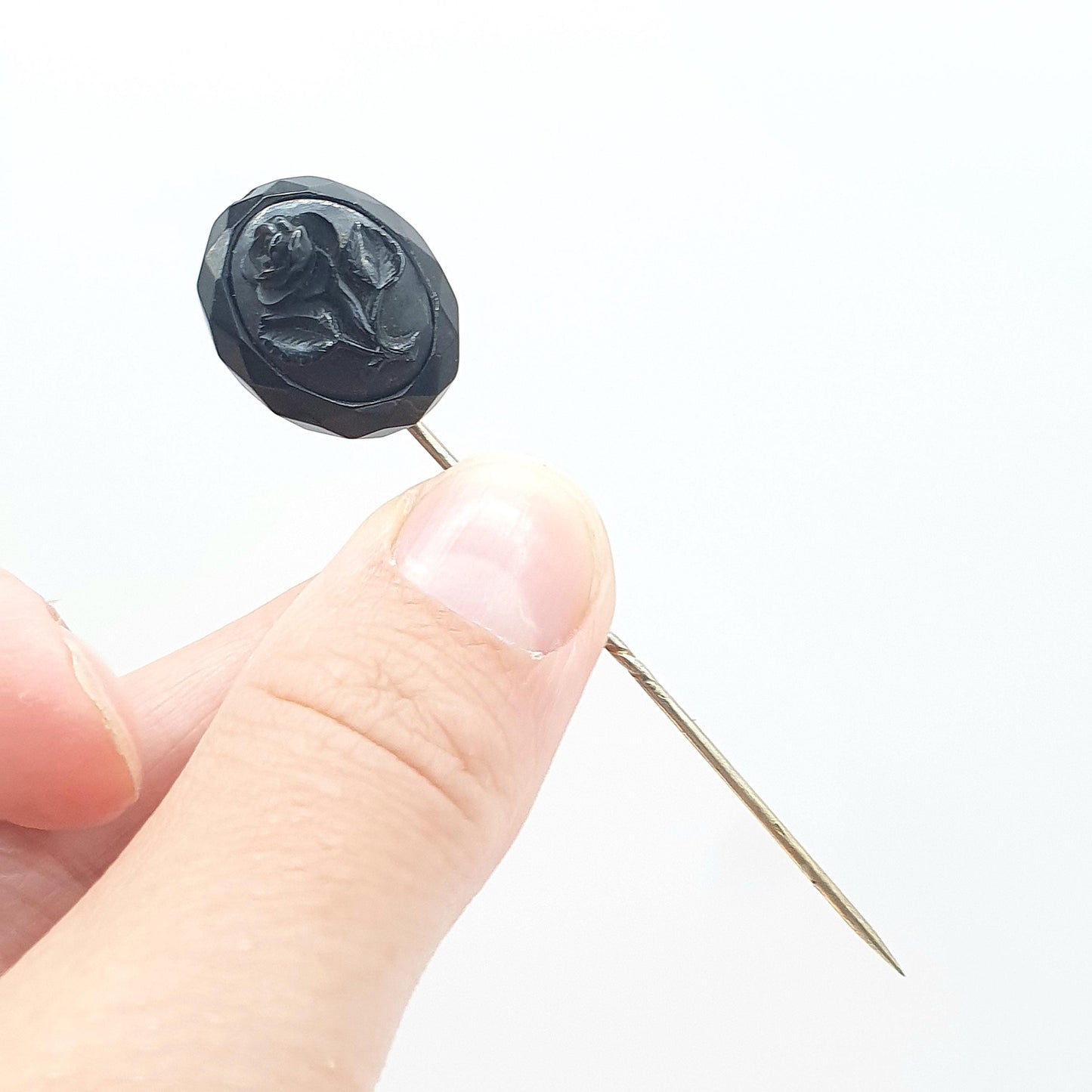 Antique Victorian Whitby Jet Flower Cameo Stick Pin Base Metal 1800s Lapel Jacket Black Genuine Vintage Mens Jewellery