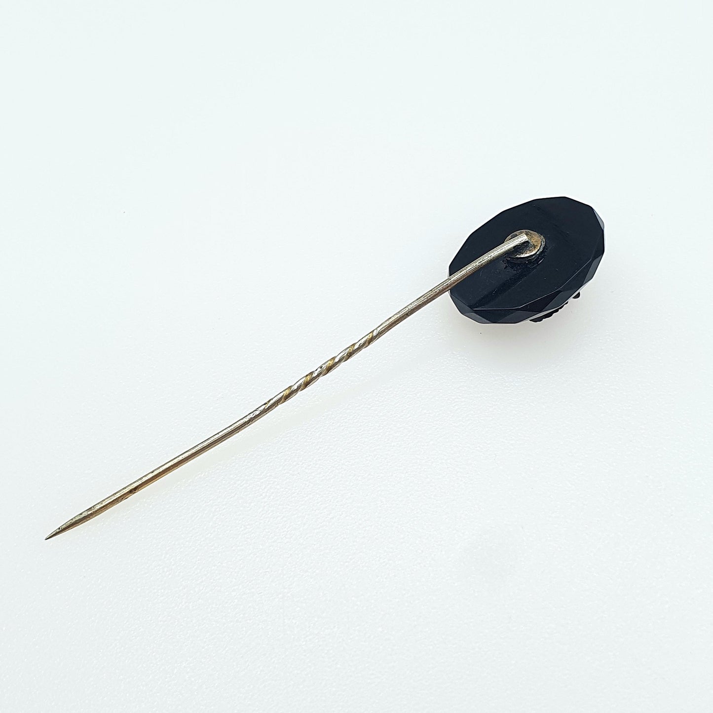 Antique Victorian Whitby Jet Flower Cameo Stick Pin Base Metal 1800s Lapel Jacket Black Genuine Vintage Mens Jewellery