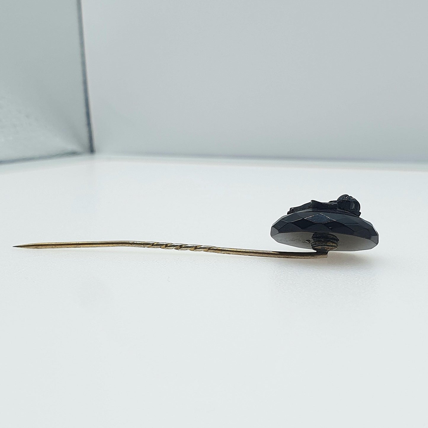Antique Victorian Whitby Jet Flower Cameo Stick Pin Base Metal 1800s Lapel Jacket Black Genuine Vintage Mens Jewellery