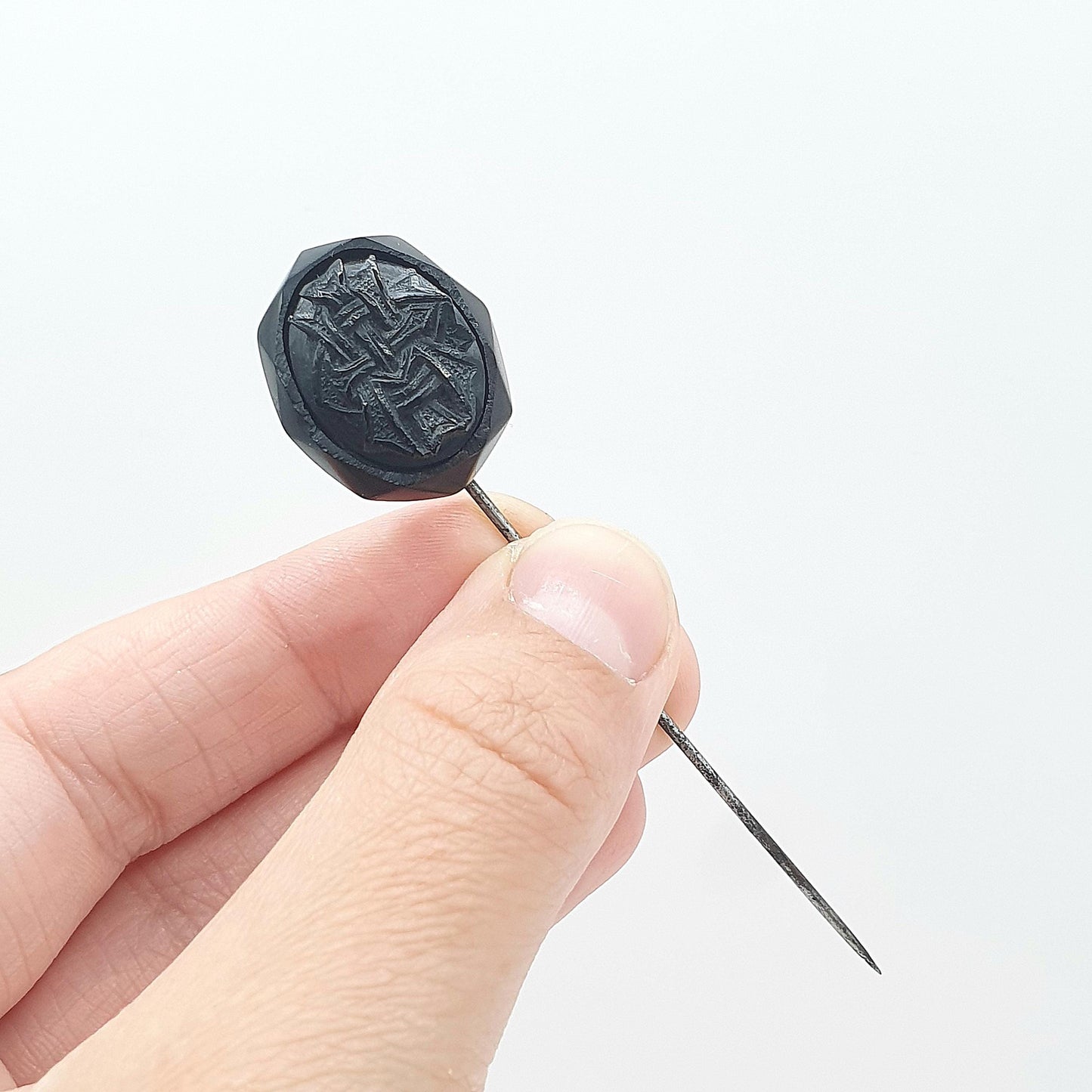 Antique Victorian Whitby Jet Flower Monogram Cameo Stick Pin Base Metal Lapel Jacket 1800s Black Genuine Vintage Mens Jewellery