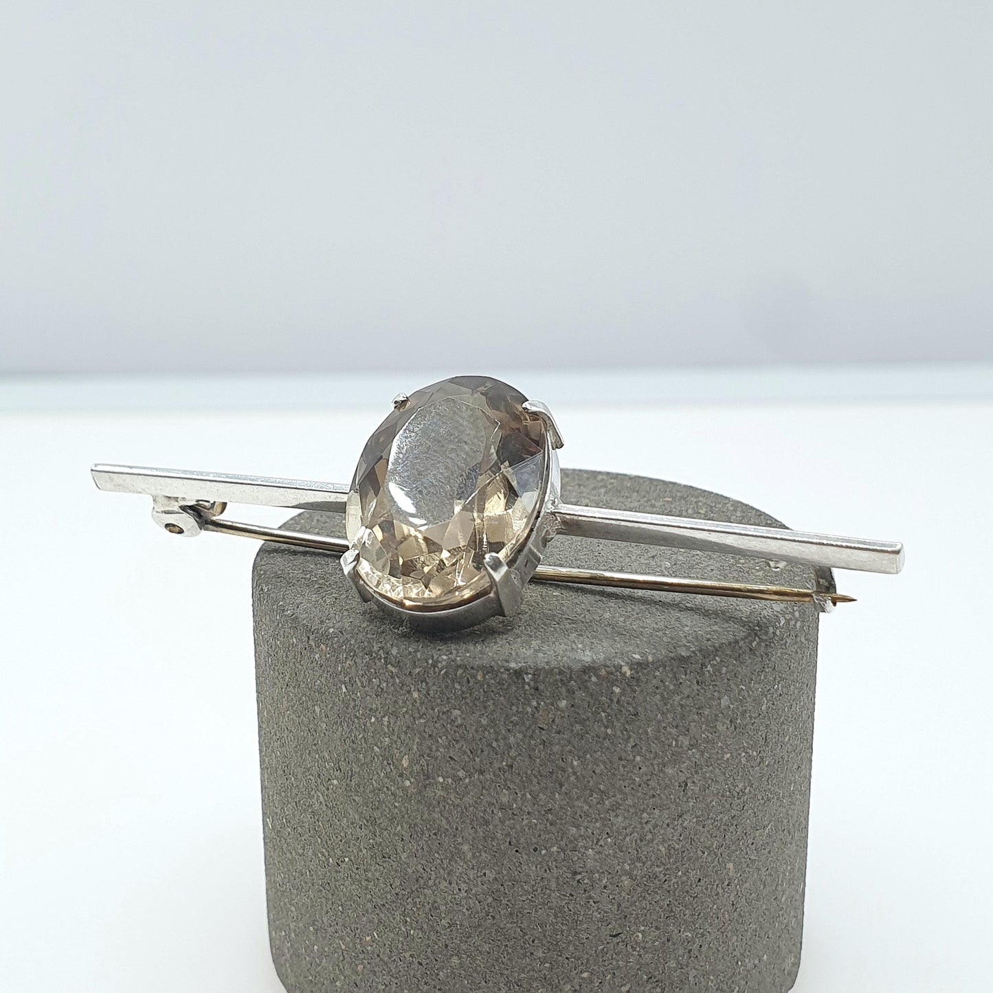 Antique Solid Silver Natural Smoky Quartz Brooch Pin Large Oval Cut Gemstone Womens Jewelry Jewellery Vintage