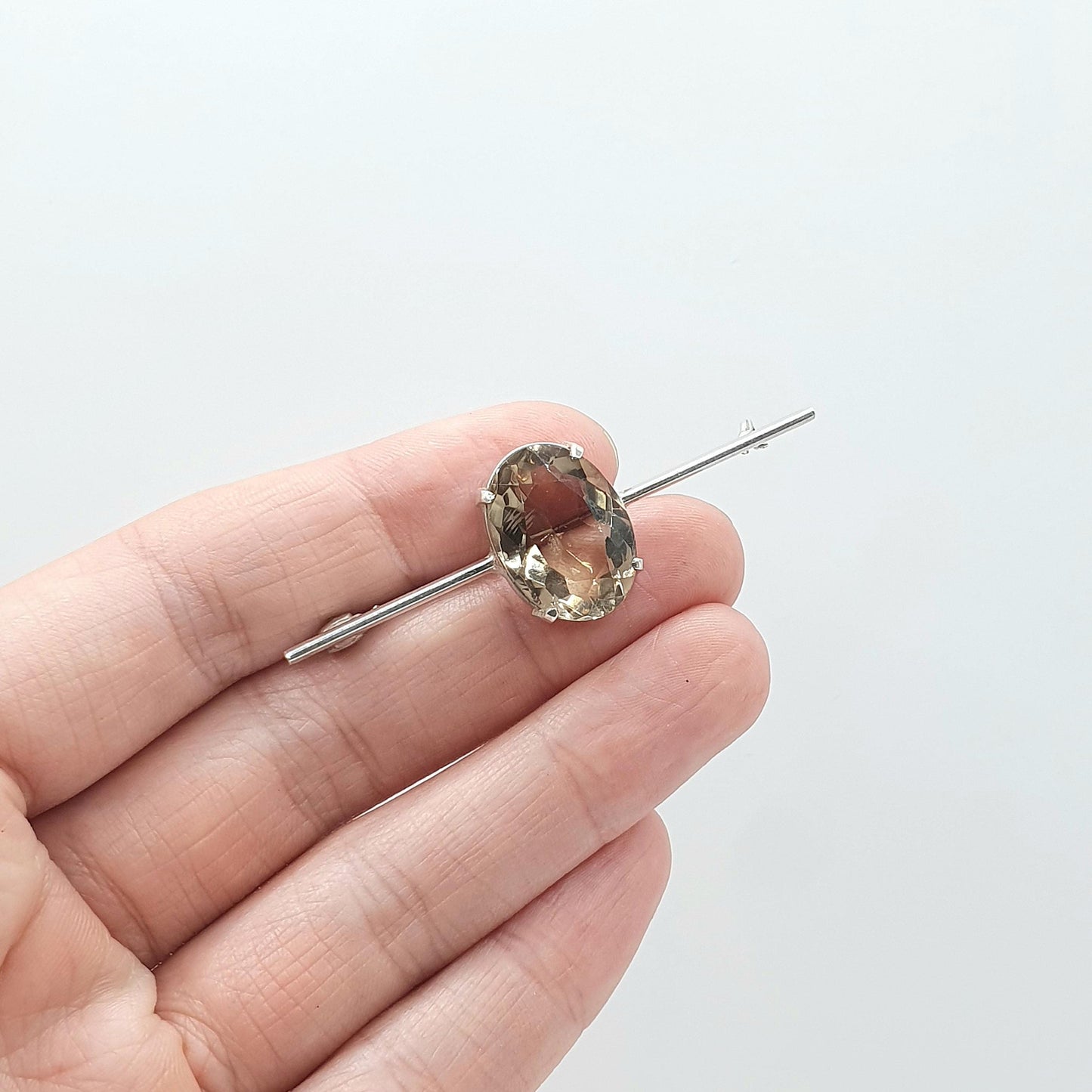 Antique Solid Silver Natural Smoky Quartz Brooch Pin Large Oval Cut Gemstone Womens Jewelry Jewellery Vintage