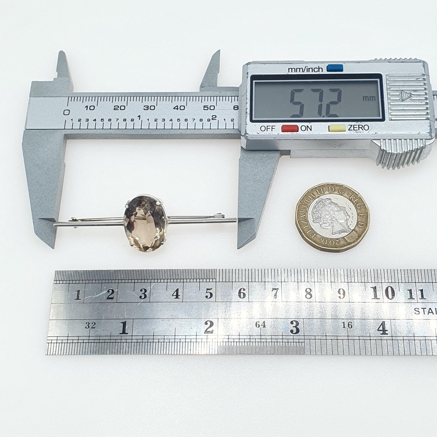 Antique Solid Silver Natural Smoky Quartz Brooch Pin Large Oval Cut Gemstone Womens Jewelry Jewellery Vintage