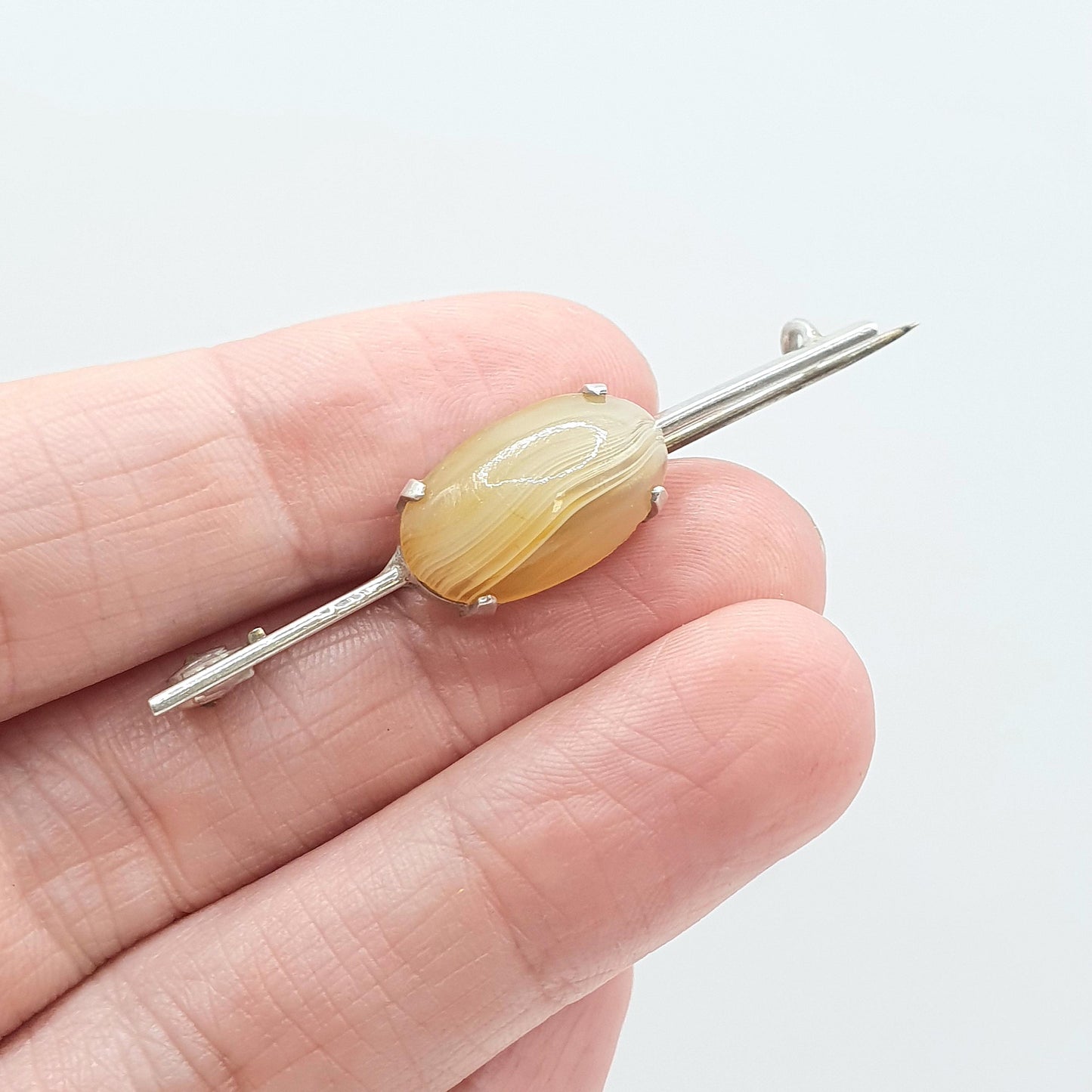 Antique Solid Silver Banded Agate Brooch Pin Oval Cabochon Striped Quartz Gemstone Womens Mens Jewelry Jewellery Vintage